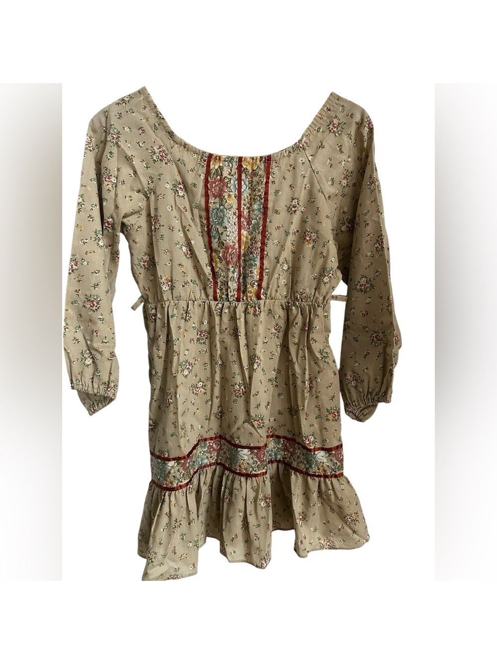 Vintage 1970's Boho Mini Prairie Dress Tunic Top Cream Floral Print Sz xs /child - Picture 1 of 14